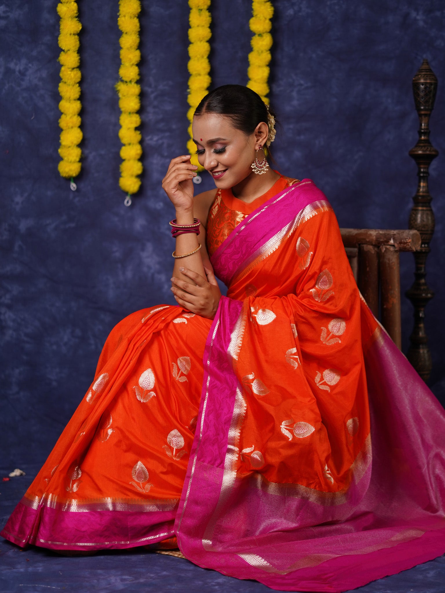 Banarasi Semi Silk Saree With Floral Zari Weaving & Contrast Border - Orange