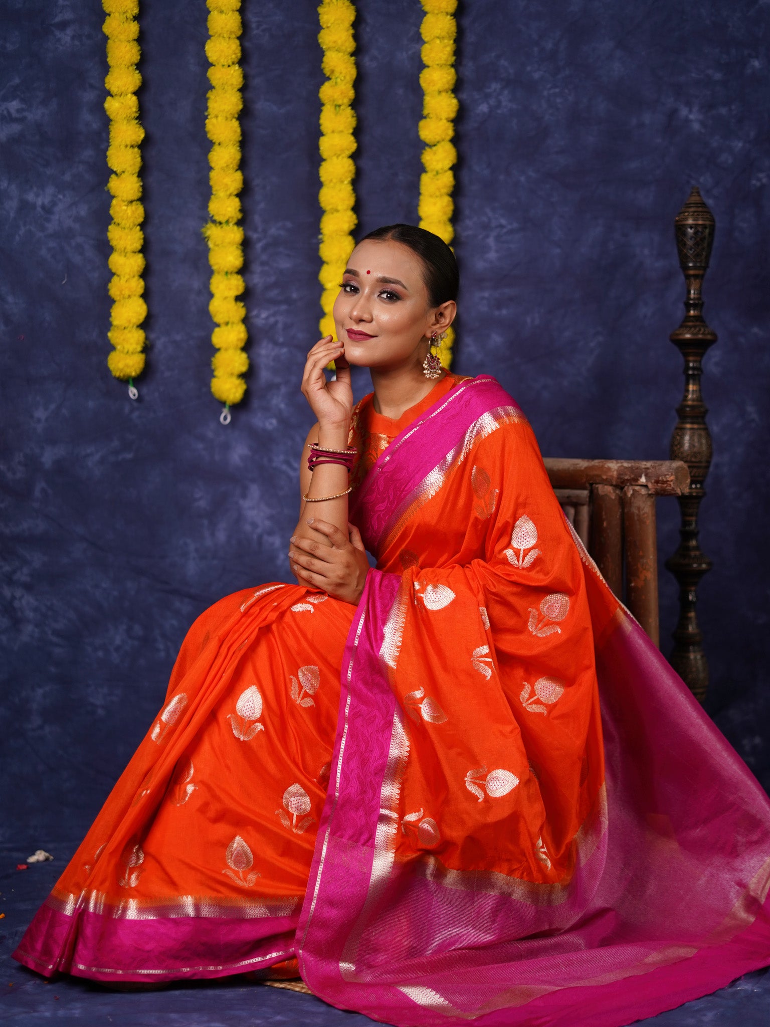 Banarasi Semi Silk Saree With Floral Zari Weaving & Contrast Border - Orange