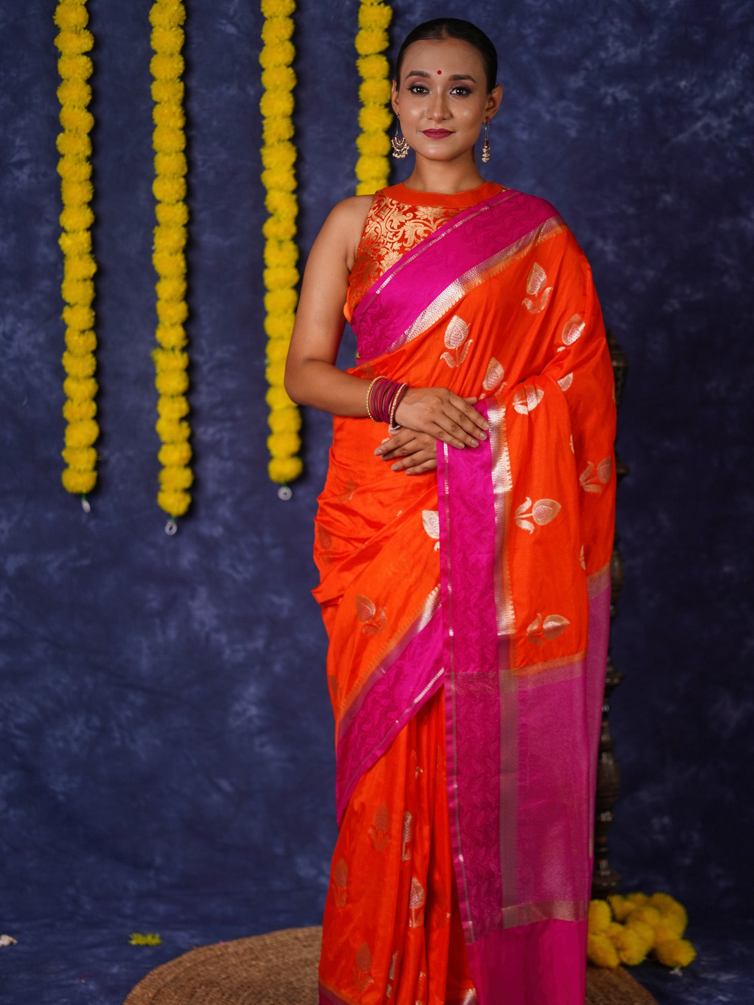 Banarasi Semi Silk Saree With Floral Zari Weaving & Contrast Border - Orange