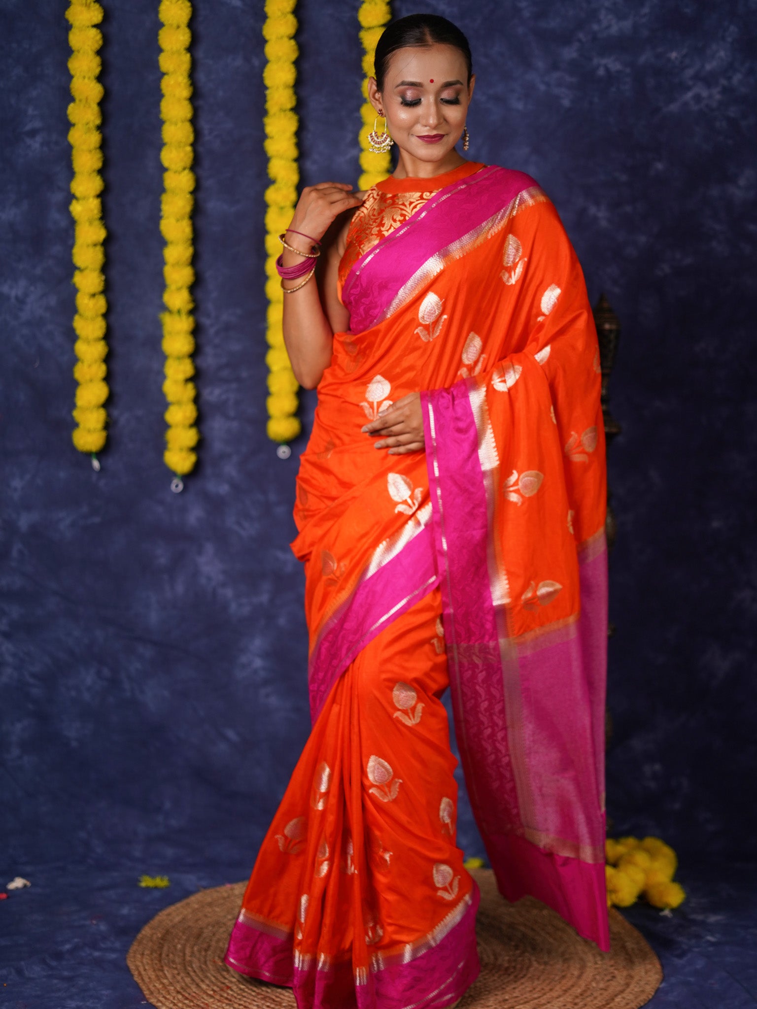 Banarasi Semi Silk Saree With Floral Zari Weaving & Contrast Border - Orange