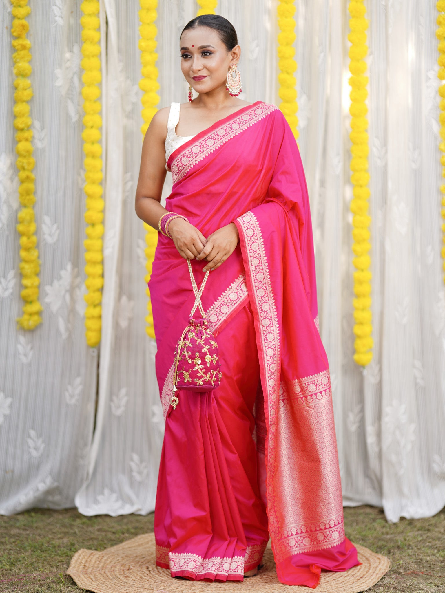 Banarasi Plain Semi Silk Saree With Zari Border - Pink