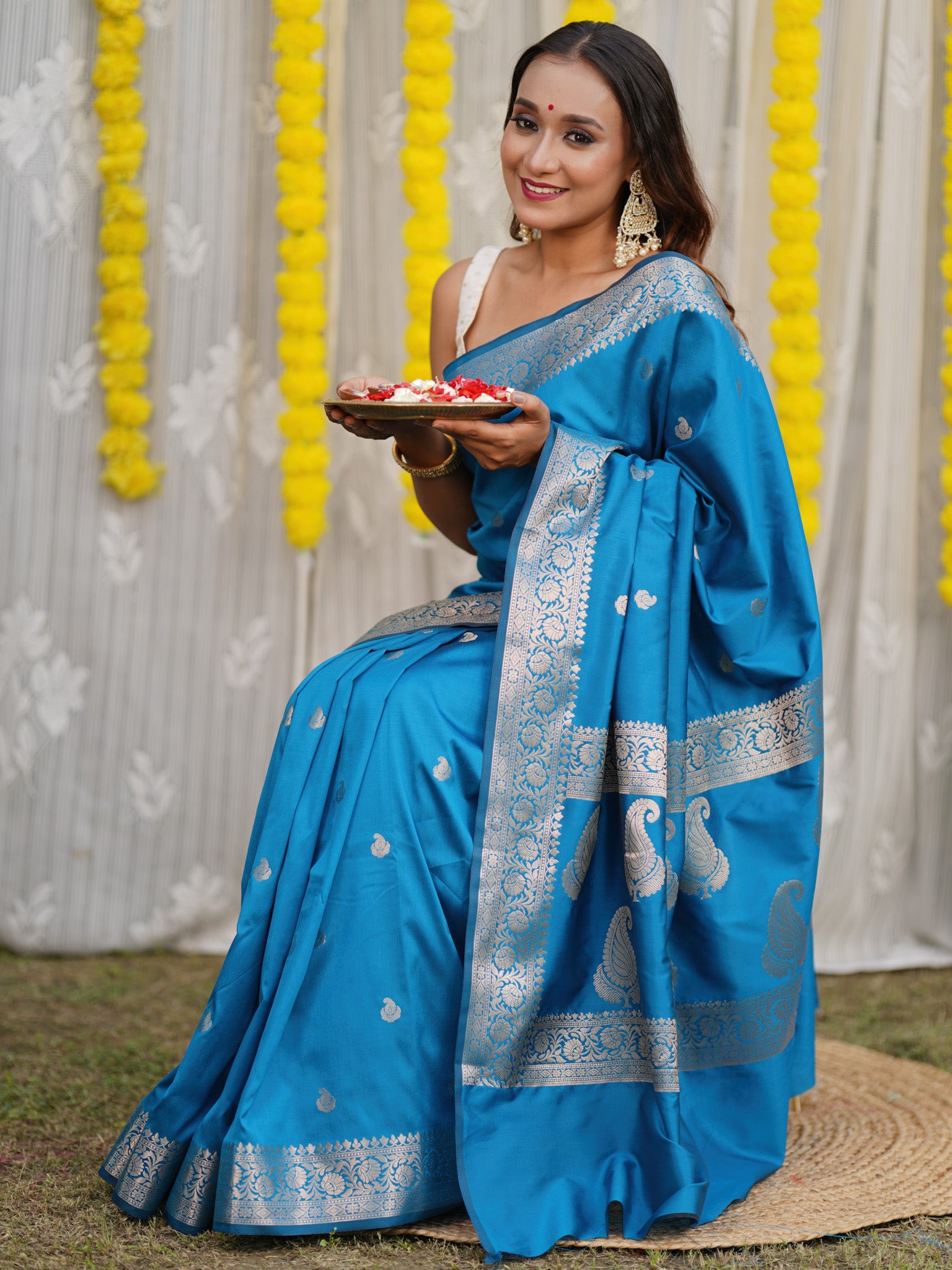 Banarasi Semi Silk Saree With Buti Zari Weaving & Border - Blue