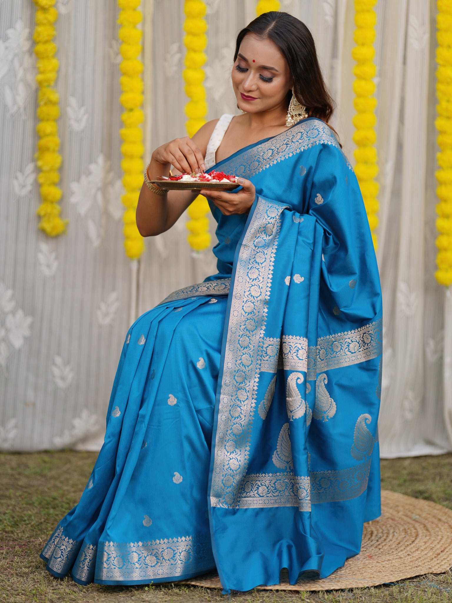 Banarasi Semi Silk Saree With Buti Zari Weaving & Border - Blue