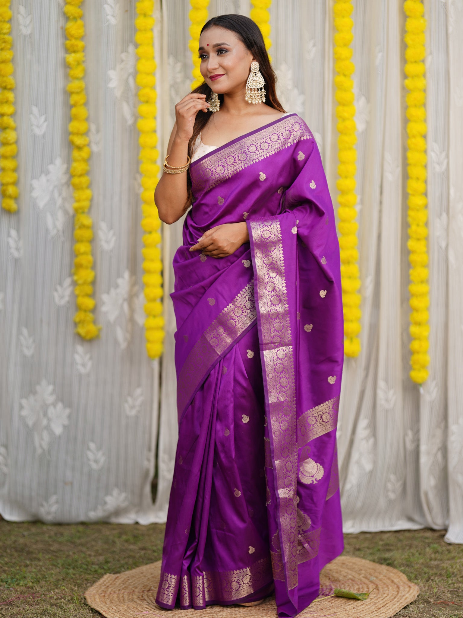 Banarasi Semi Silk Saree With Buti Zari Weaving & Border - Purple