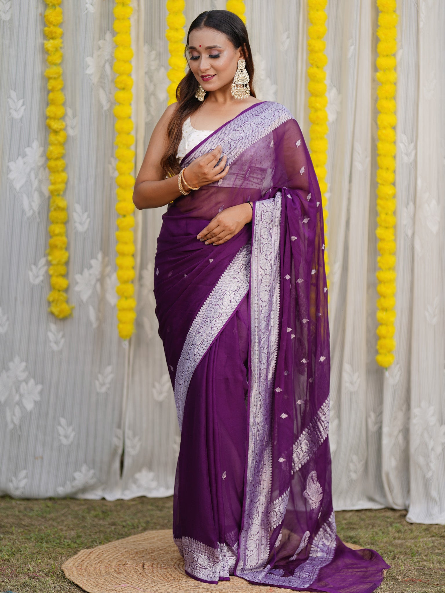 Banarasi Pure Khaddi Georgette Saree With Silver Zari Buti  Weaving- Wine