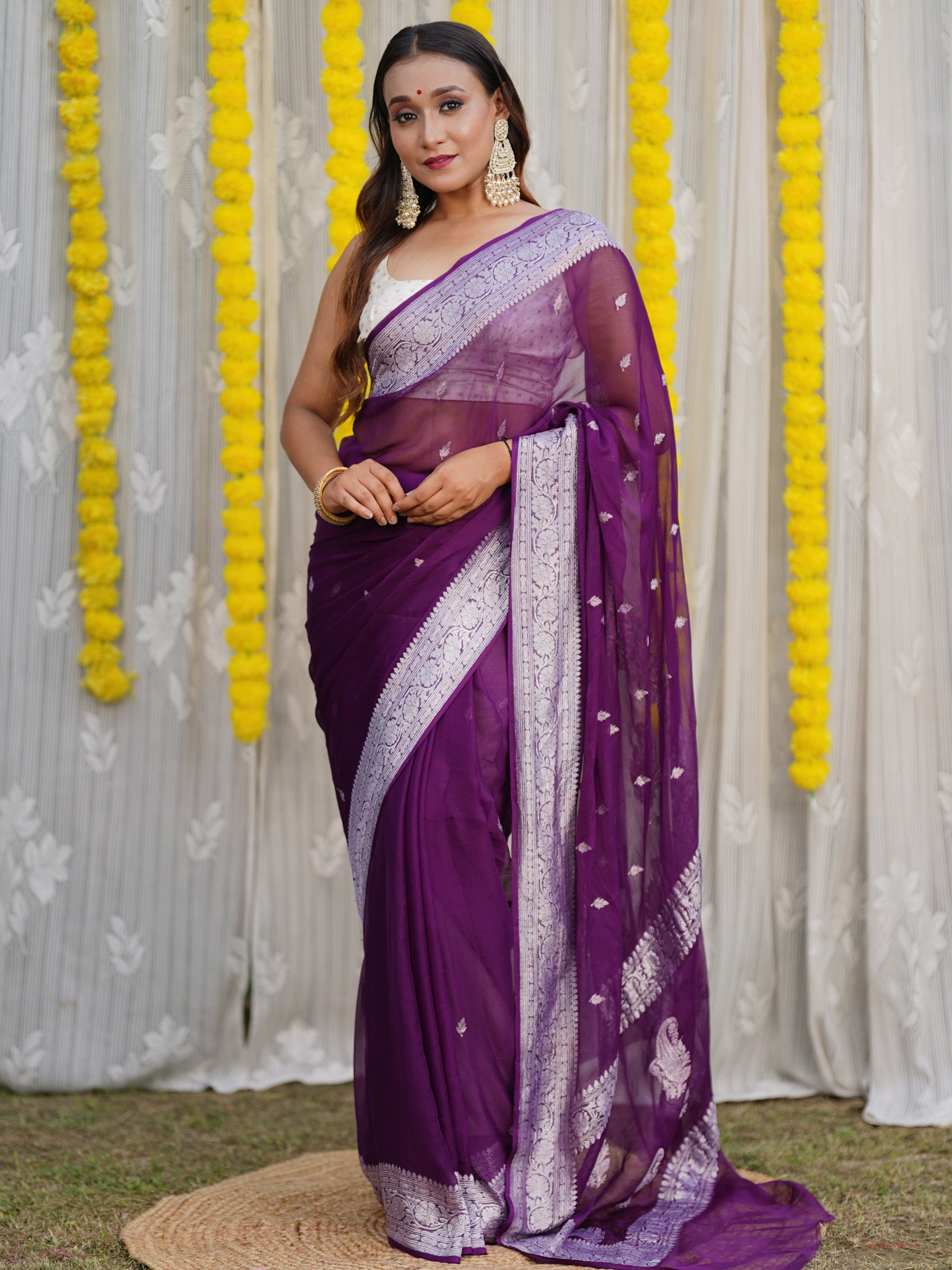 Banarasi Pure Khaddi Georgette Saree With Silver Zari Buti  Weaving- Wine