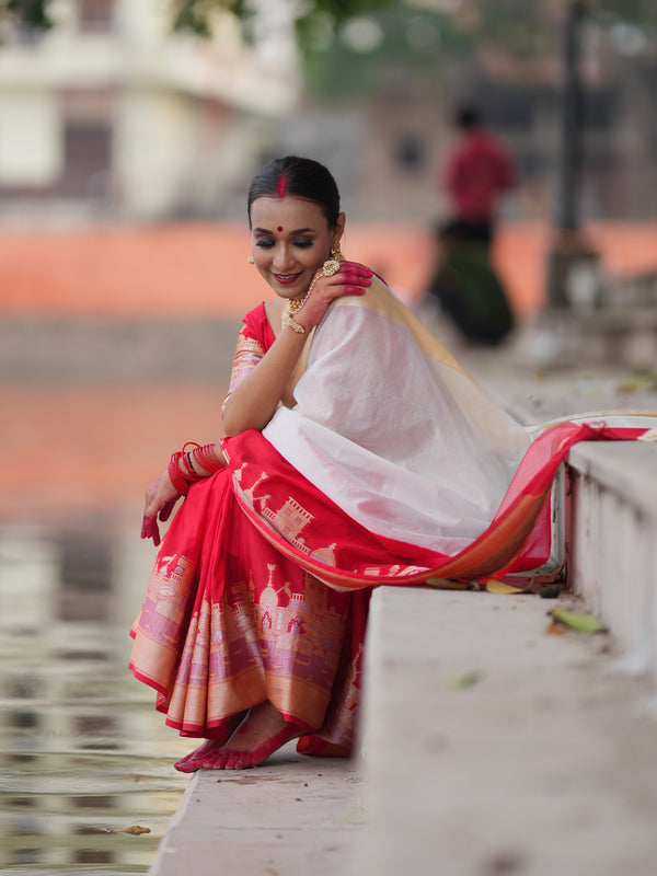 Banarasi Plain Dual Shade Semi Silk Saree With Ganga Ghat Weaving- White & Red