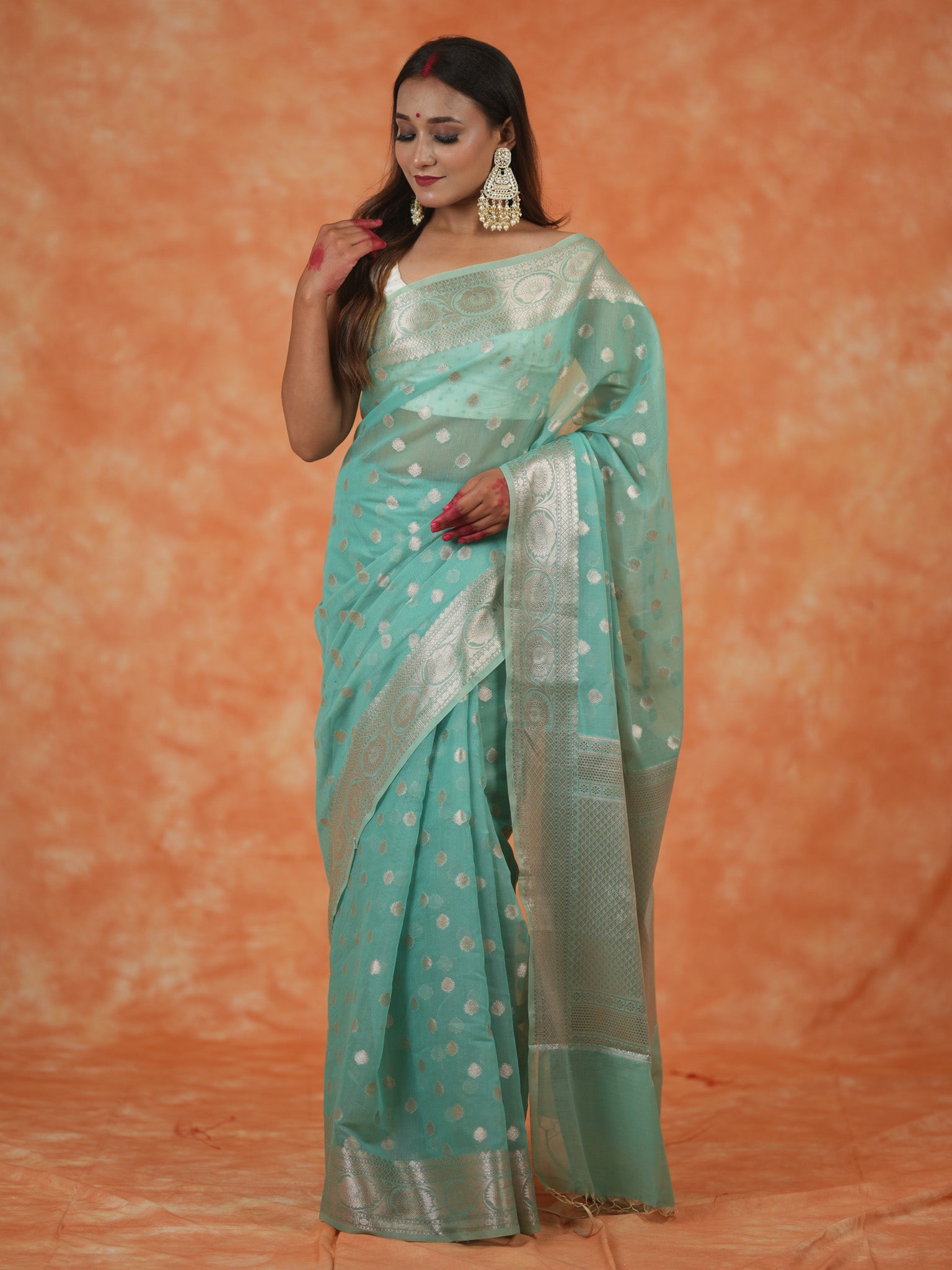 Banarasi Cotton Silk Saree With Silver Zari Weaving & Border- Aqua Blue