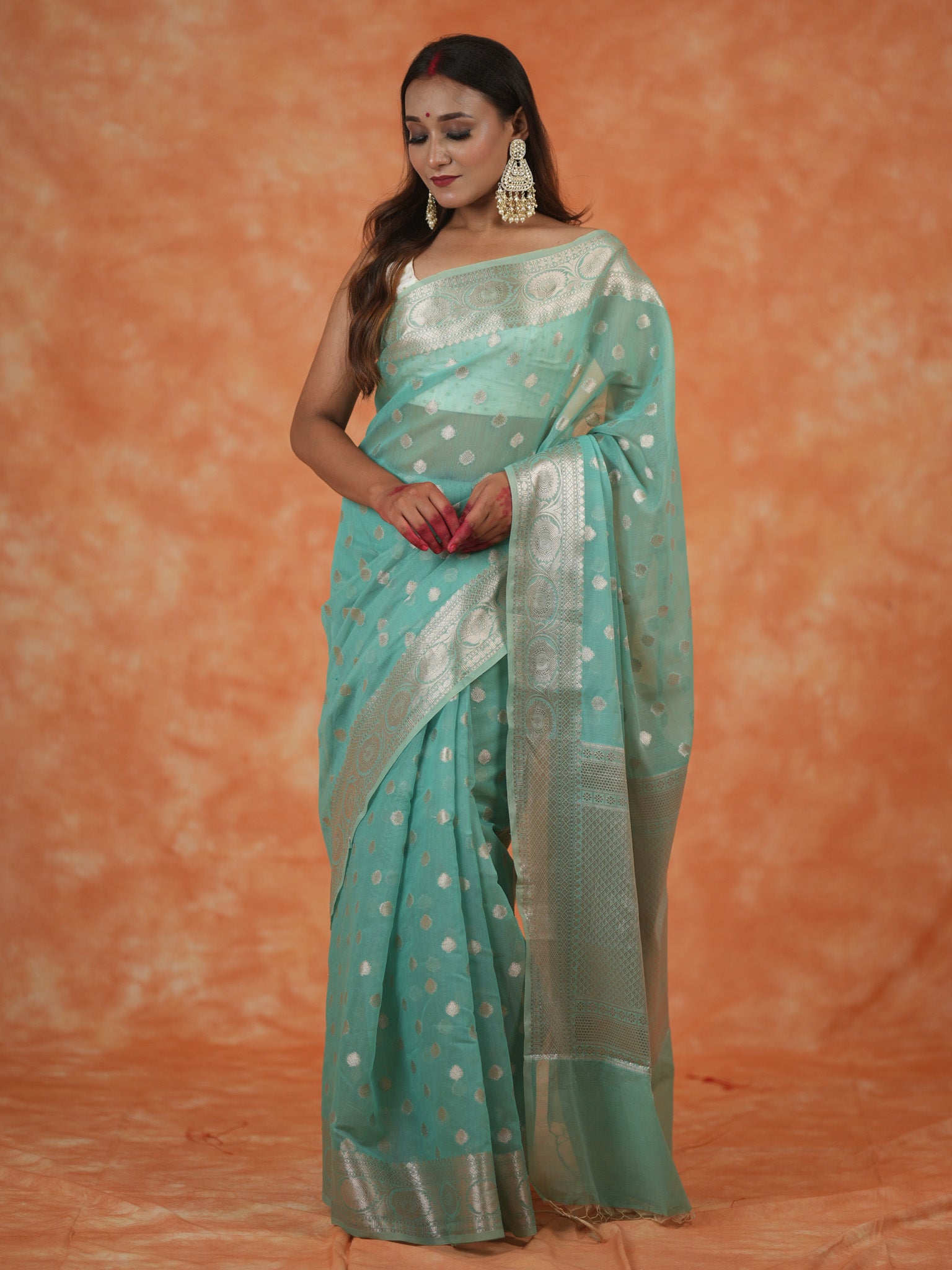 Banarasi Cotton Silk Saree With Silver Zari Weaving & Border- Aqua Blue