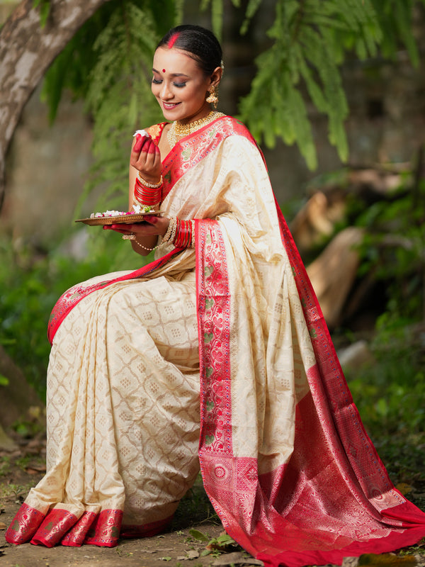 Banarasi Semi Silk Saree With Contrast Border-Off White & Red