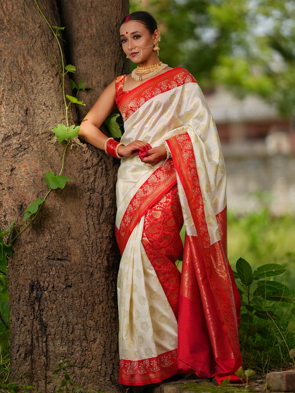 Banarasi Dupion Silk Saree With Contrast Border-Off white & Red