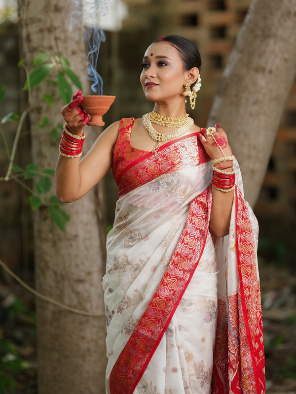 Banarasi Cotton Silk Saree With Contrast Border- White & Red