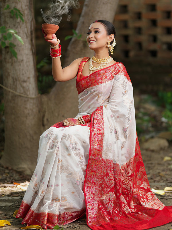 Banarasi Cotton Silk Saree With Contrast Border- White & Red