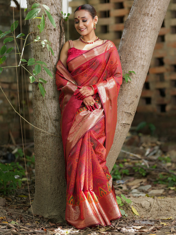 Banarasi Bandhani Organza Saree With Border - Red