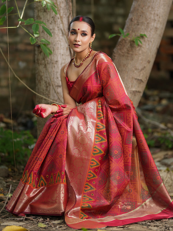 Banarasi Bandhani Organza Saree With Border - Red