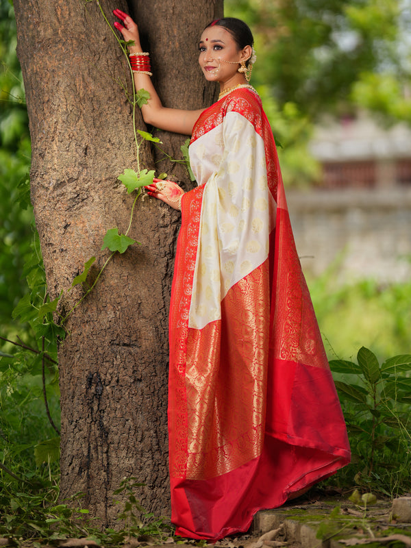 Banarasi Dupion Silk Saree With Contrast Border-Off white & Red