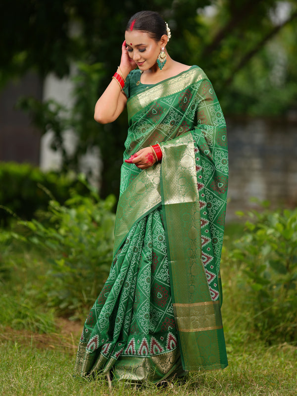 Banarasi Bandhani Organza Saree With Border - Green