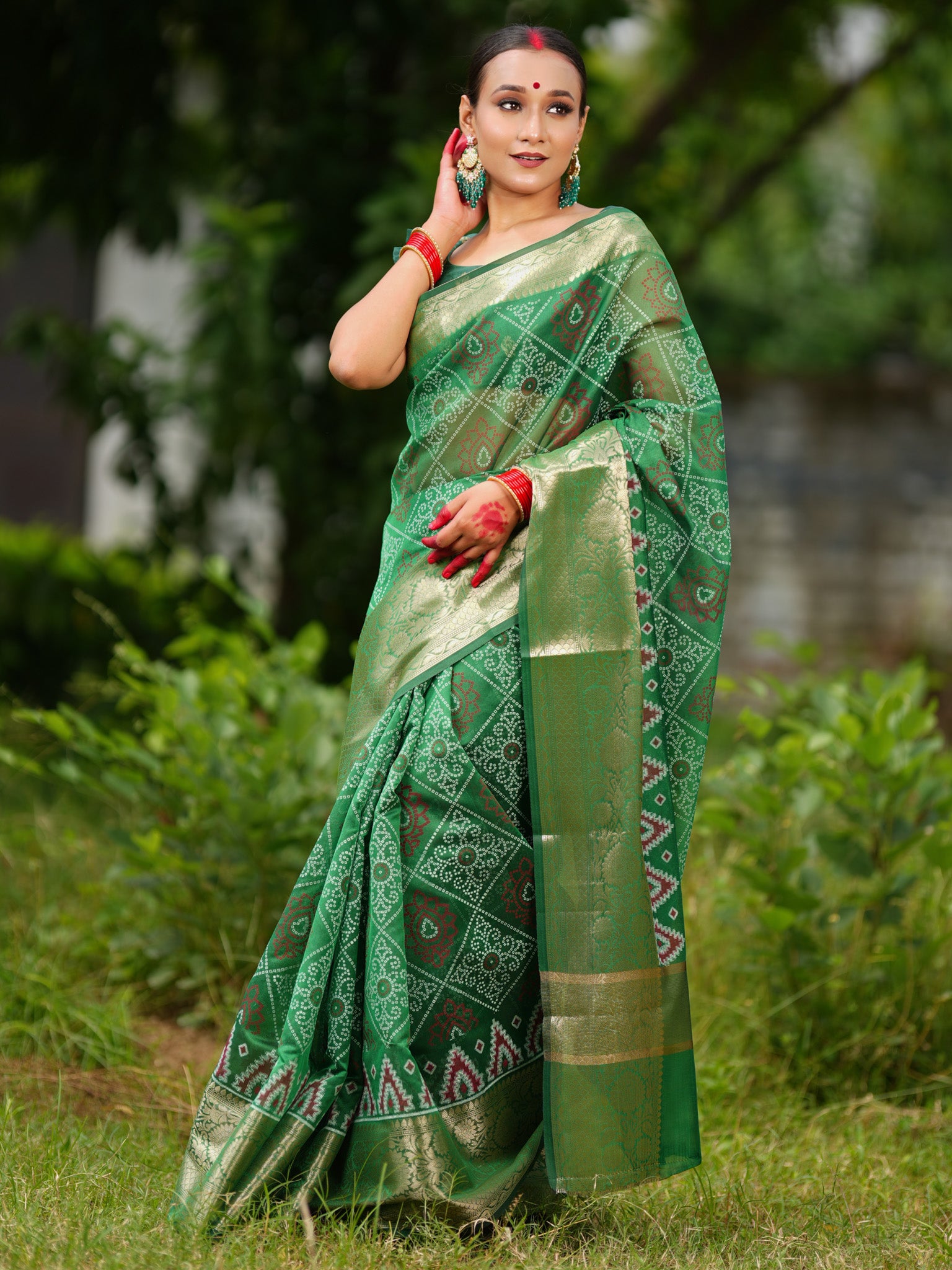 Banarasi Bandhani Organza Saree With Border - Green