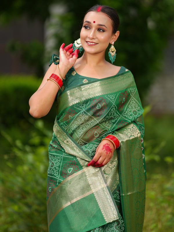 Banarasi Bandhani Organza Saree With Border - Green