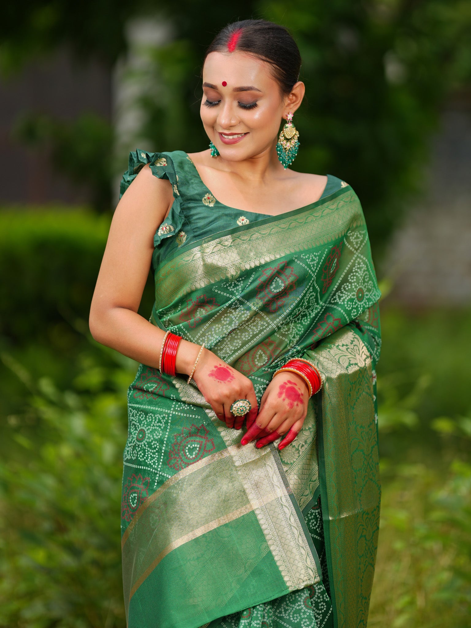 Banarasi Bandhani Organza Saree With Border - Green