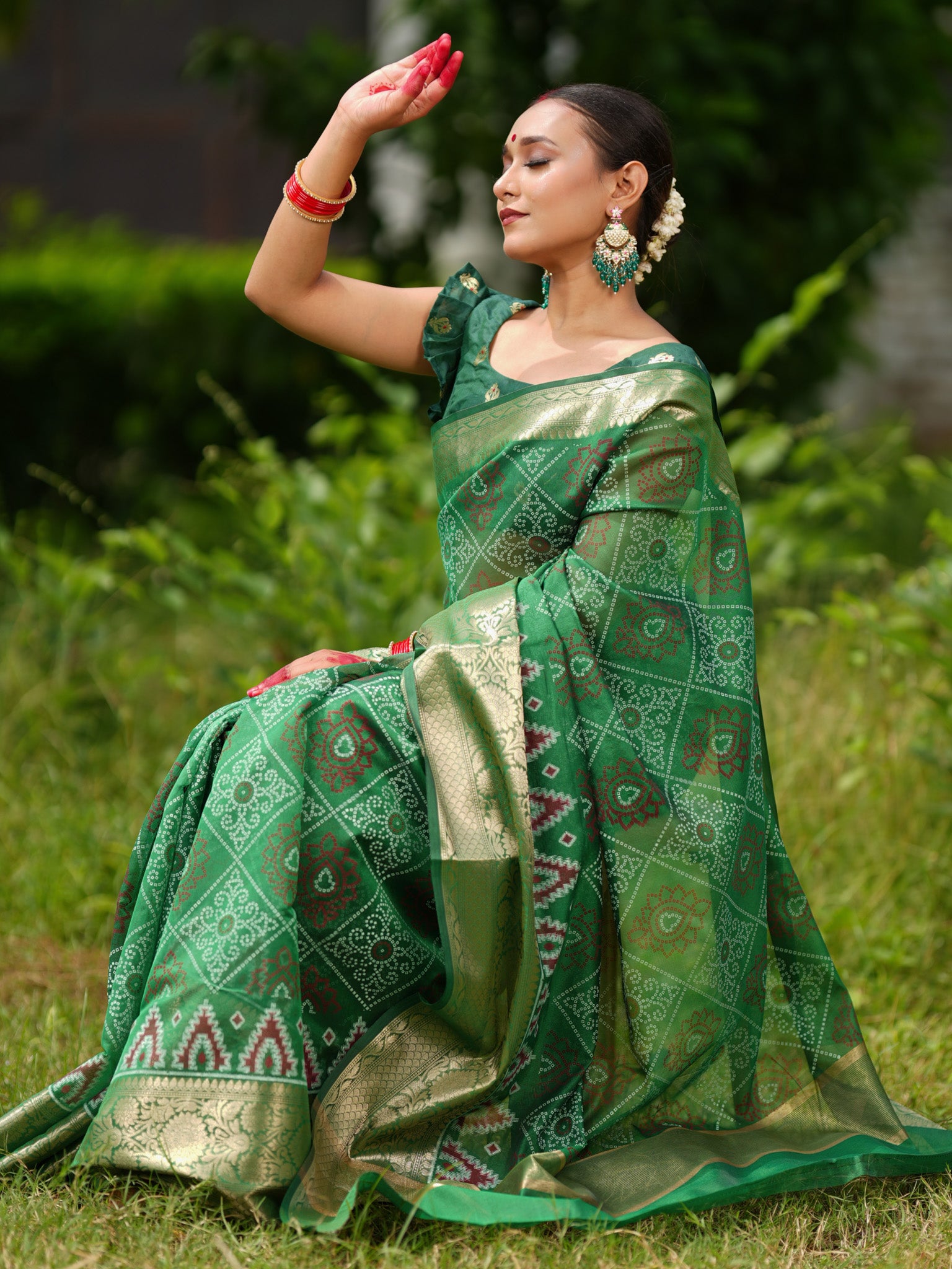 Banarasi Bandhani Organza Saree With Border - Green