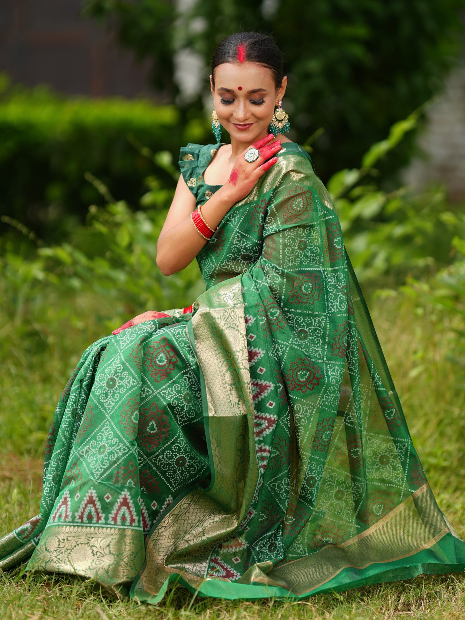 Banarasi Bandhani Organza Saree With Border - Green