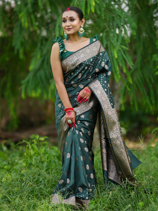 Banarasi Cotton Silk Saree With Zari Weaving & Border - Green