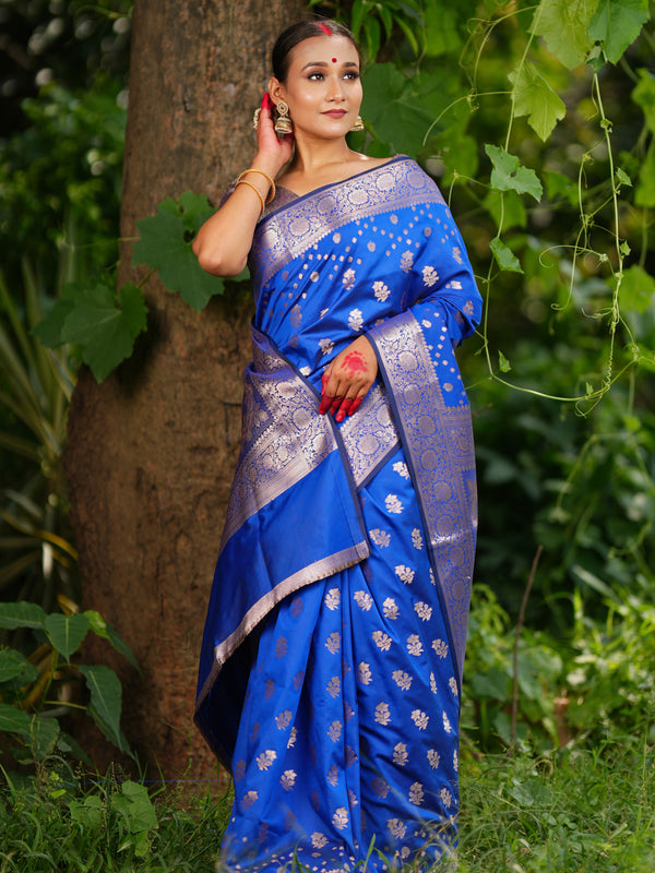 Banarasi Semi Silk Saree With Zari Weaving & Border - Blue