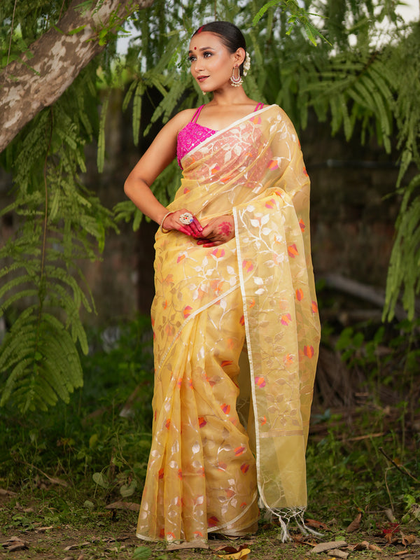 Banarasi Organza Saree With Floral Silver Zari Weaving - Yellow