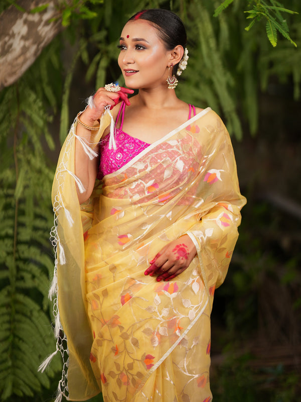 Banarasi Organza Saree With Floral Silver Zari Weaving - Yellow