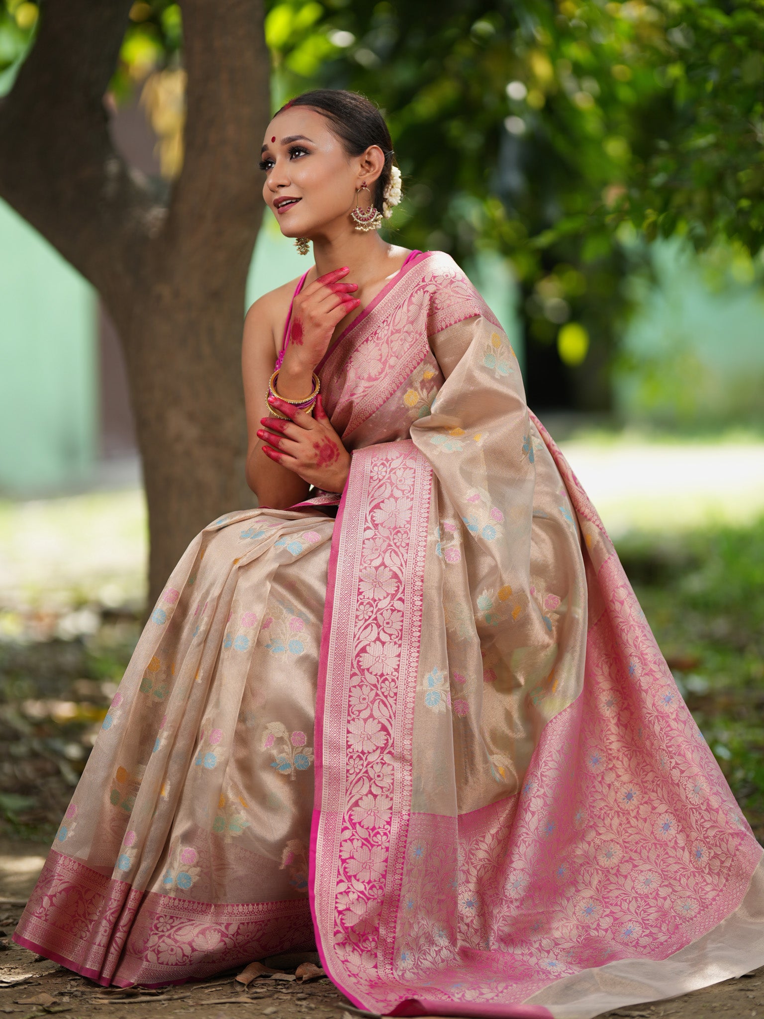 Banarasi Tissue Saree With Silver Zari & Contrast Border - Grey