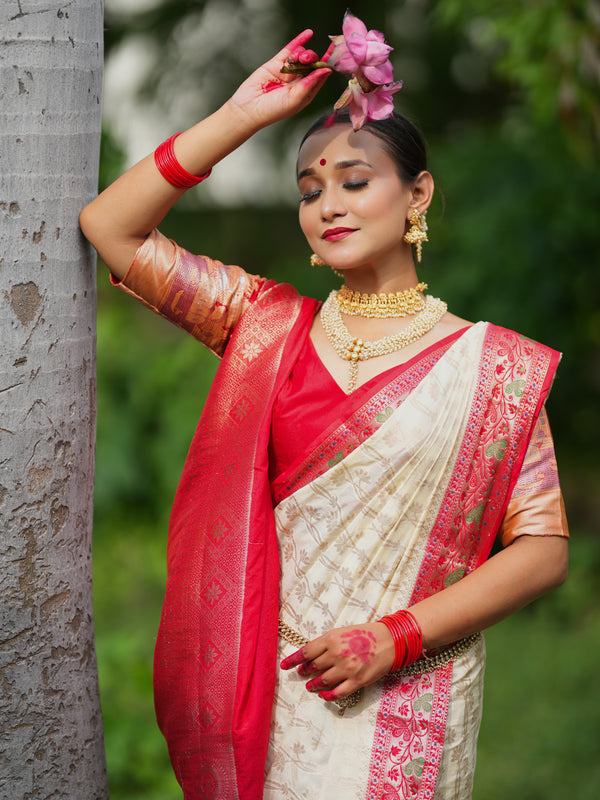 Banarasi Semi Silk Saree With Contrast Border-Off White & Red