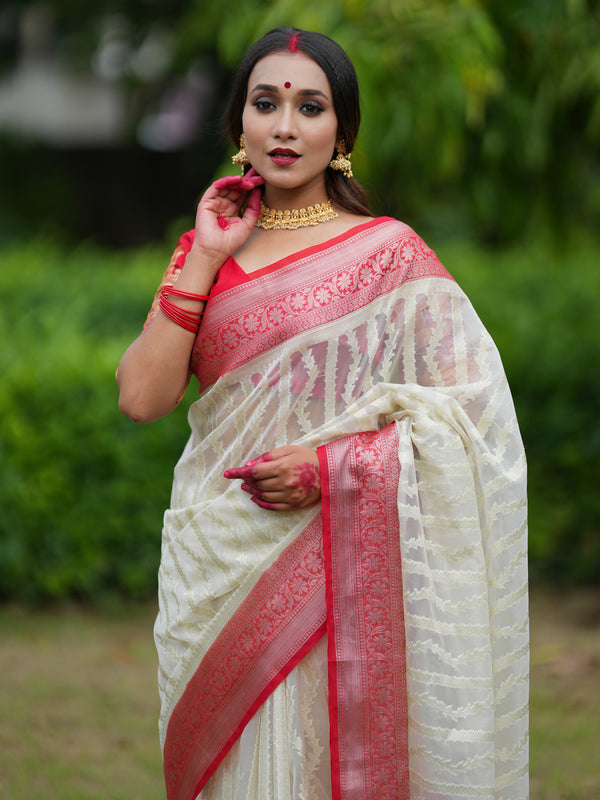 Banarasi Cotton Silk Saree With Zari Weaving & Contrast Border - Off White & Red