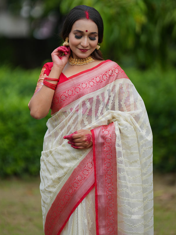 Banarasi Cotton Silk Saree With Zari Weaving & Contrast Border - Off White & Red