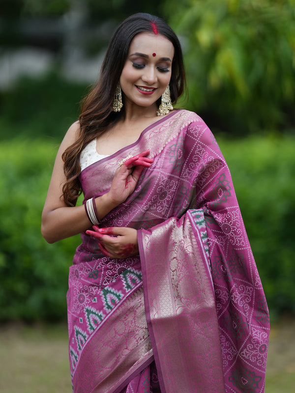 Banarasi Bandhani Organza Saree With Border - Pink