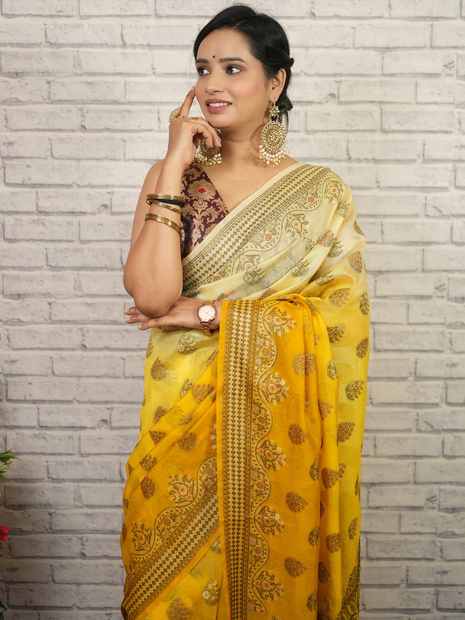 Banarasi Dual Shade Pure Georgette Saree With Resham Weaving-Yellow & White