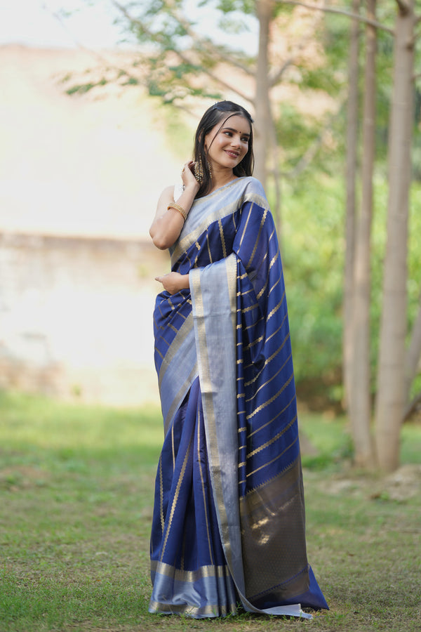 Banarasi Cotton Silk Saree With Silver Zari Border-Blue
