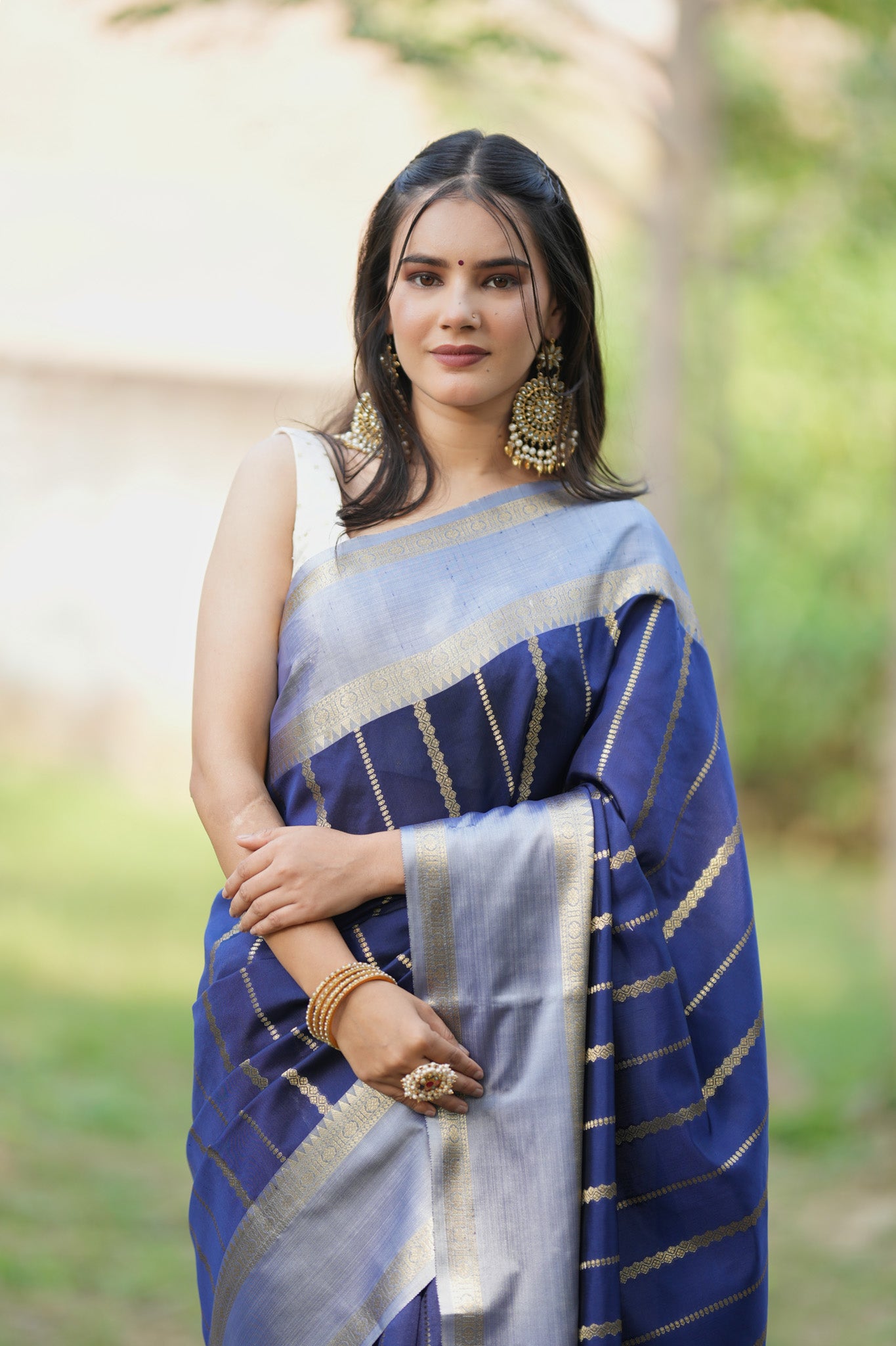 Banarasi Cotton Silk Saree With Silver Zari Border-Blue