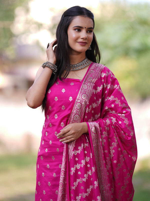 Banarasi Silk Salwar Kameez Fabric With Silver Zari Weaving With Dupatta-Pink