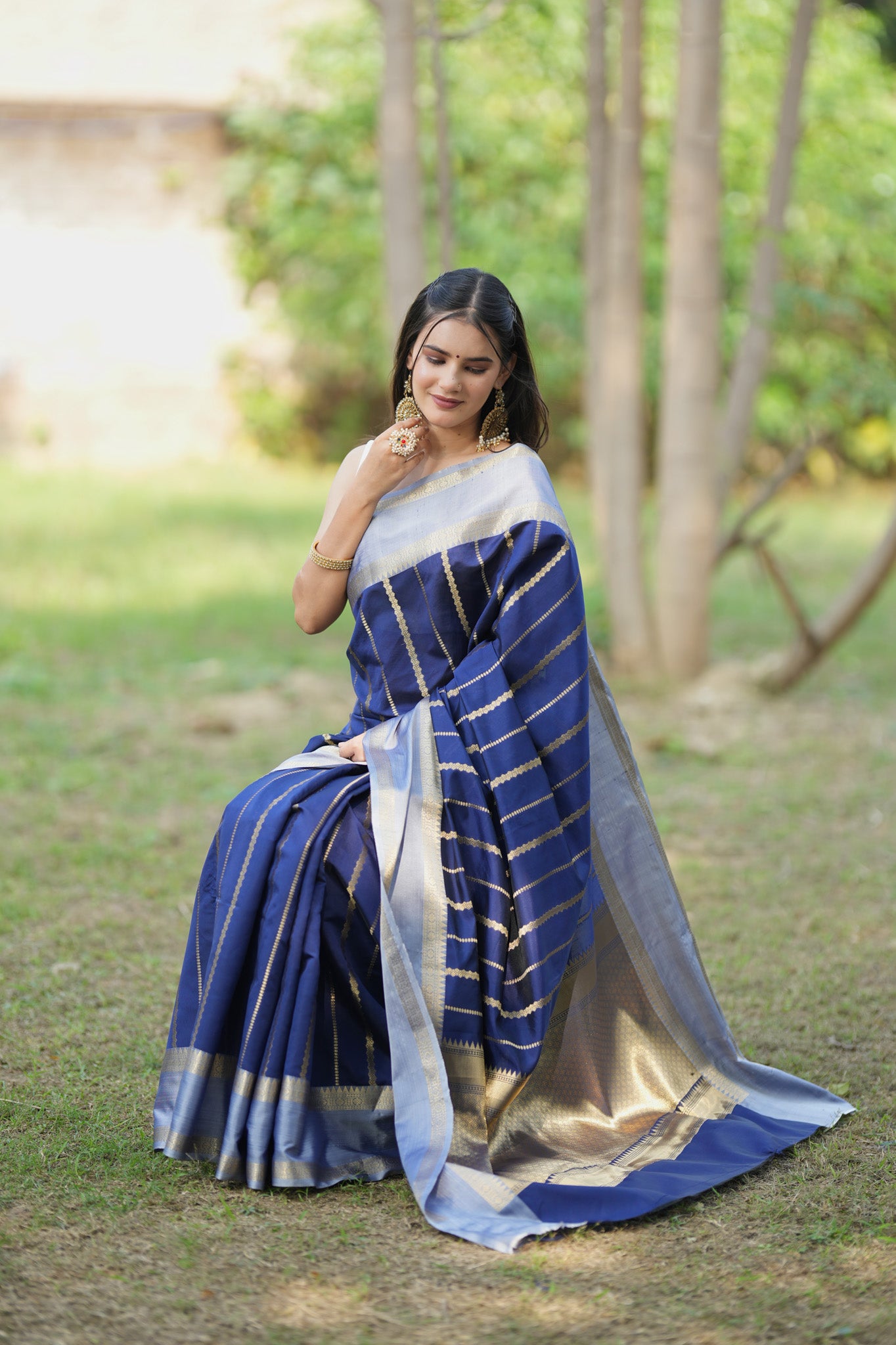 Banarasi Cotton Silk Saree With Silver Zari Border-Blue