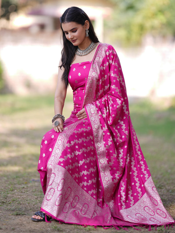 Banarasi Silk Salwar Kameez Fabric With Silver Zari Weaving With Dupatta-Pink