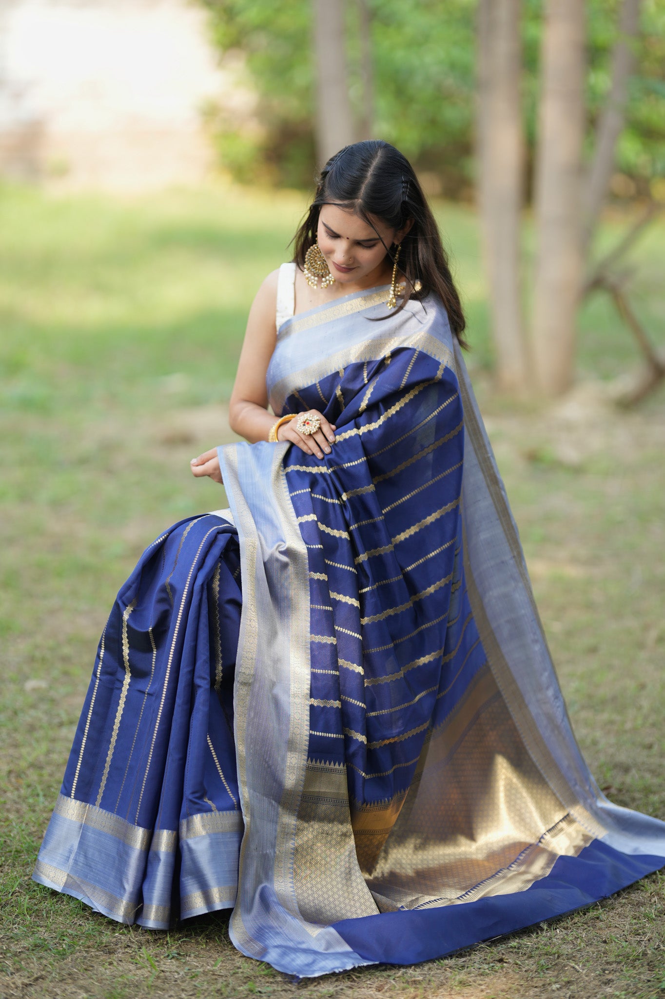 Banarasi Cotton Silk Saree With Silver Zari Border-Blue