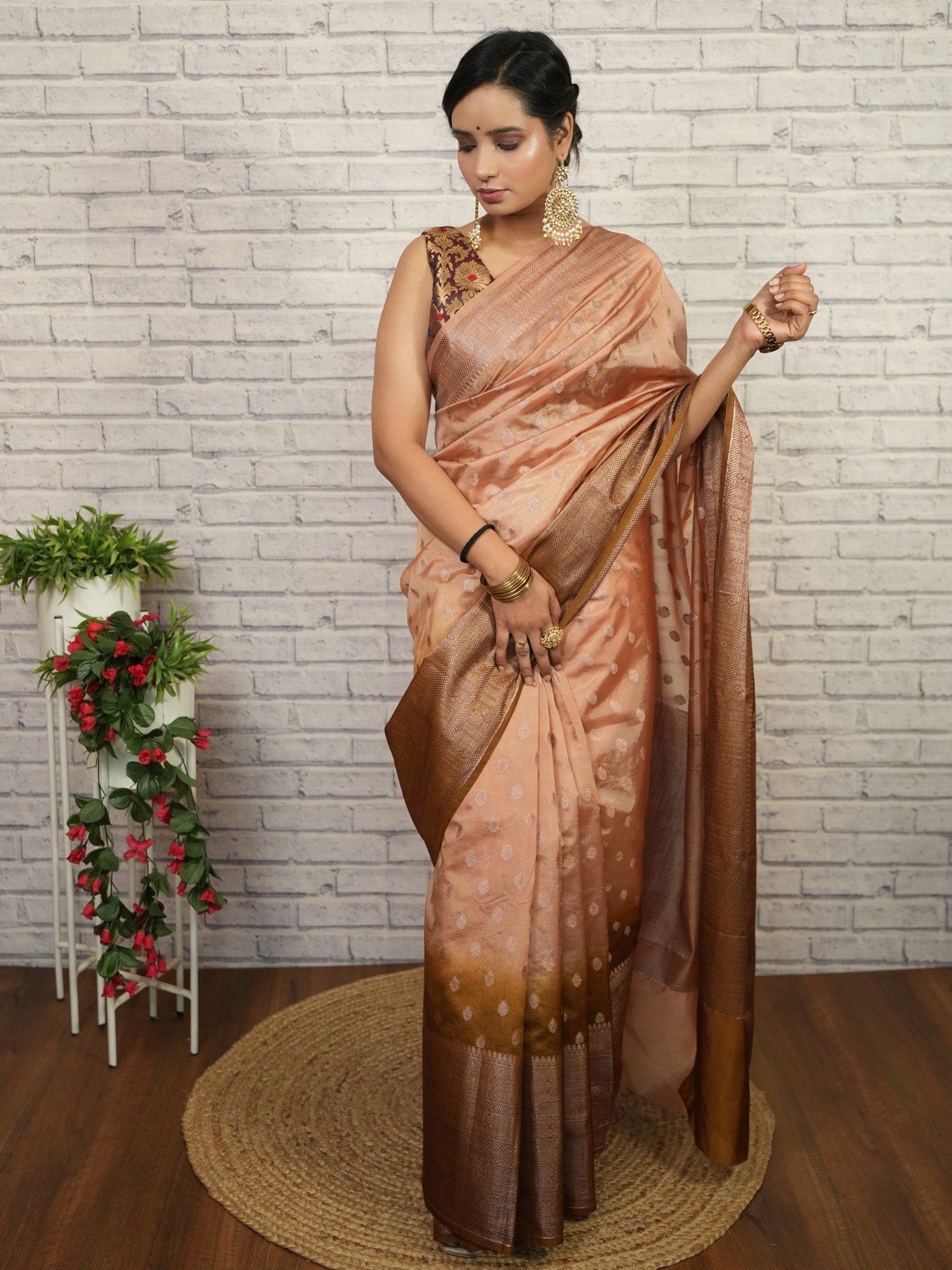 Banarasi Dual Shade Soft Cotton Saree with Zari Weaving-Brown