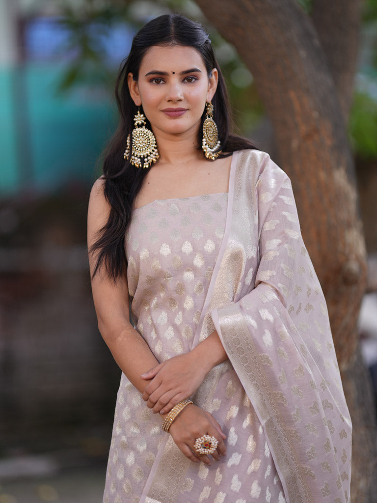 Banarasi Cotton Silk Salwar Kameez Fabric With Silver Zari Weaving With Dupatta-Pink