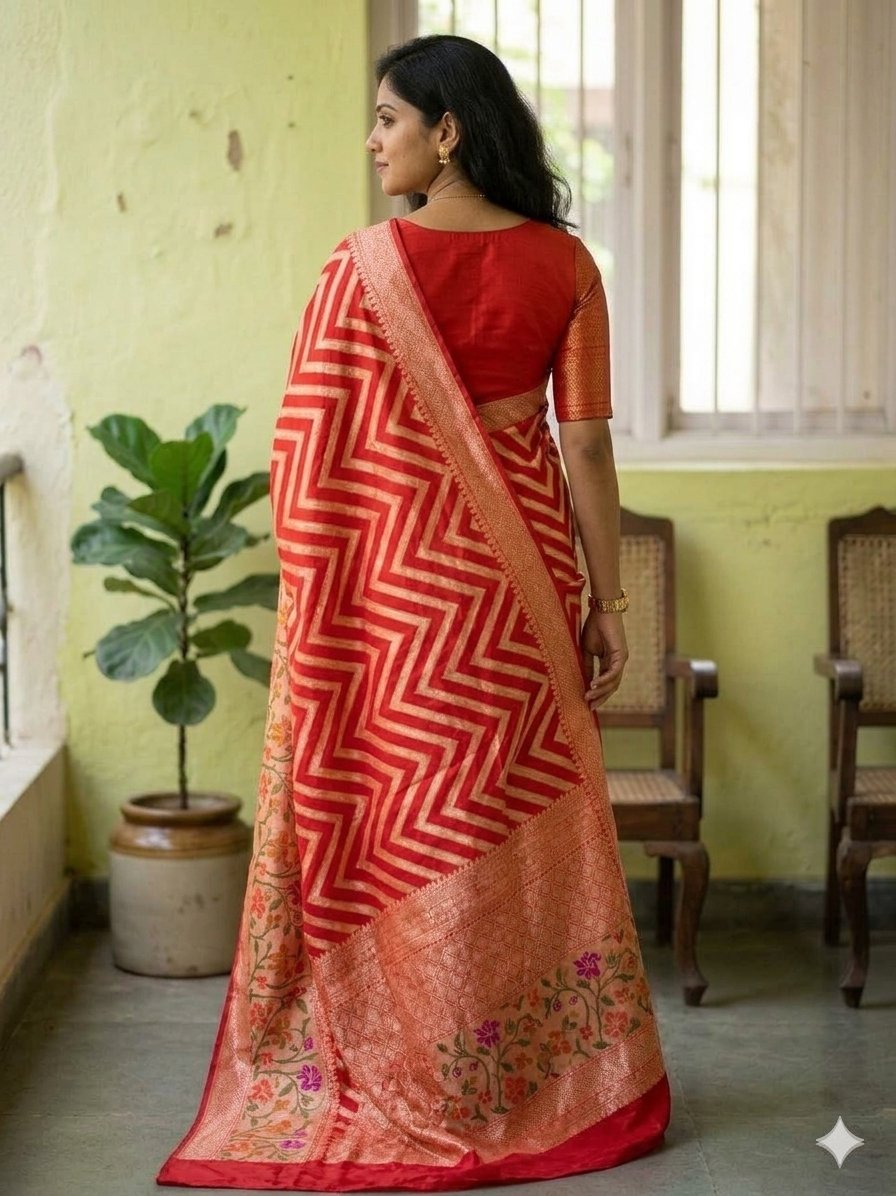Banarasi Chiffon Saree Antique Zari & Resham Aada Weaving & Skirt Border-Red