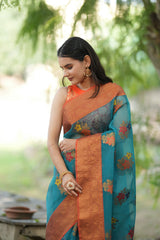 Banarasi Handloom Cotton Saree Copper Zari Weaving-Green