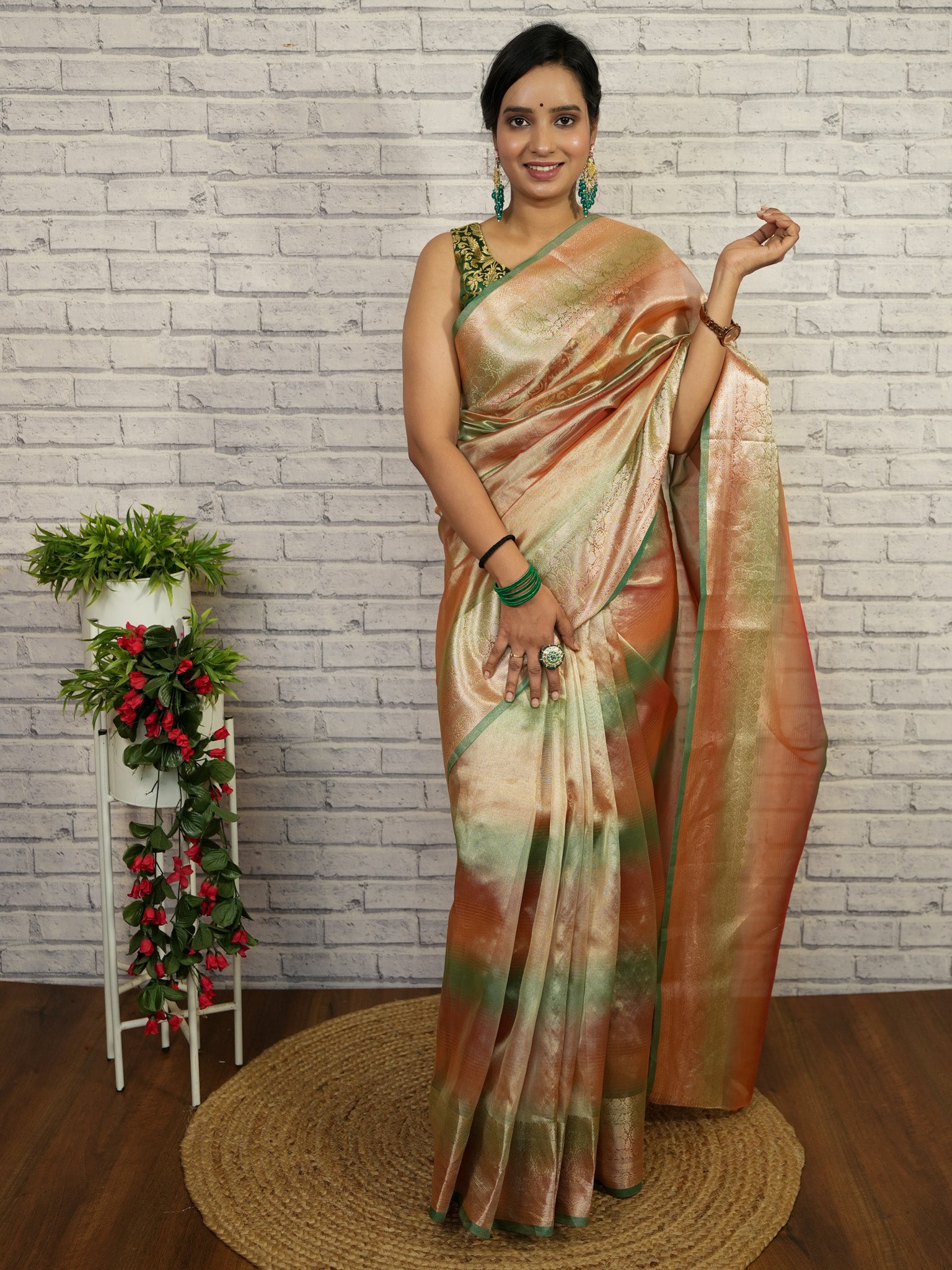 Banarasi Plain Shaded Tissue Saree With Zari Border - Green