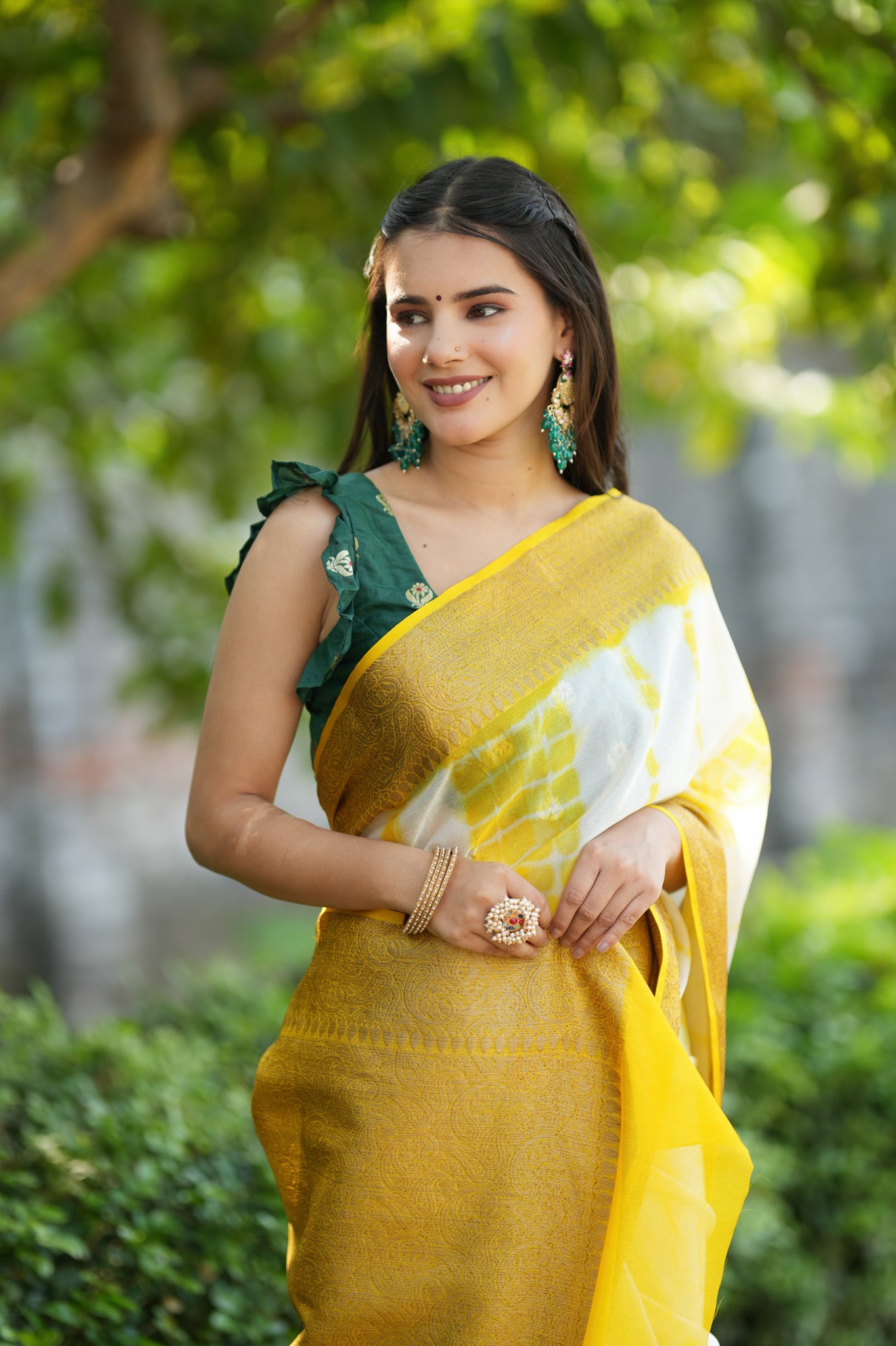 Banarasi Shibori Dyed Cotton Silk Saree With Antique Zari Border-Yellow