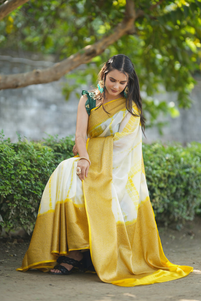 Banarasi Shibori Dyed Cotton Silk Saree With Antique Zari Border-Yellow
