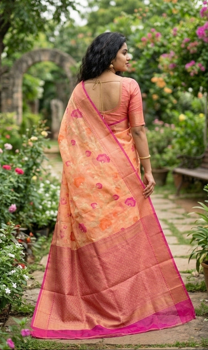 Banarasi Kora Saree With Multi Jaal Meena Weaving-Peach